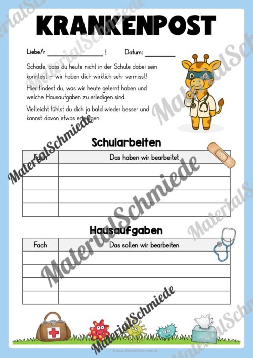 Krankenmappe für die Giraffenklasse (Arbeitsblatt 11)
