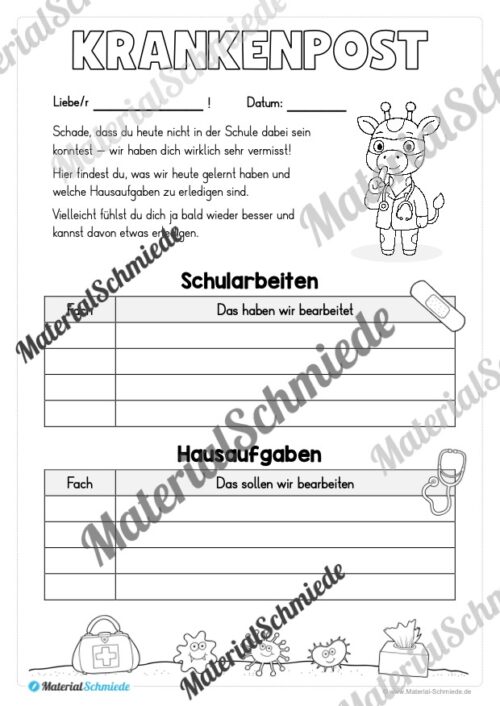 Krankenmappe für die Giraffenklasse (Arbeitsblatt 12)