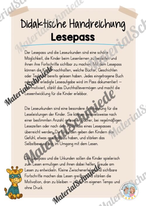 Lesepass & Leseurkunde für die Giraffenklasse (Arbeitsblatt 01)