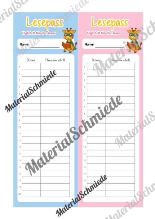 Lesepass & Leseurkunde für die Giraffenklasse (Arbeitsblatt 02)