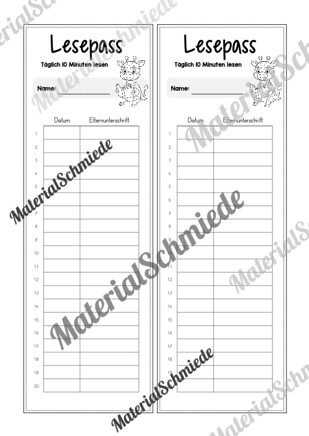 Lesepass & Leseurkunde für die Giraffenklasse (Arbeitsblatt 08)