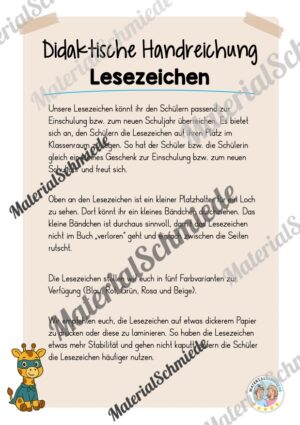 Lesezeichen für die Giraffenklasse (Arbeitsblatt 01)