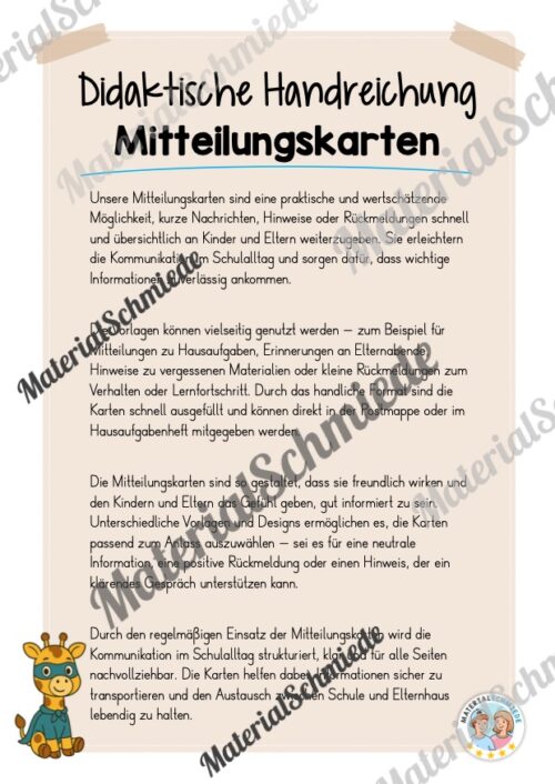 Mitteilungskarten für die Giraffenklasse (Arbeitsblatt 01)