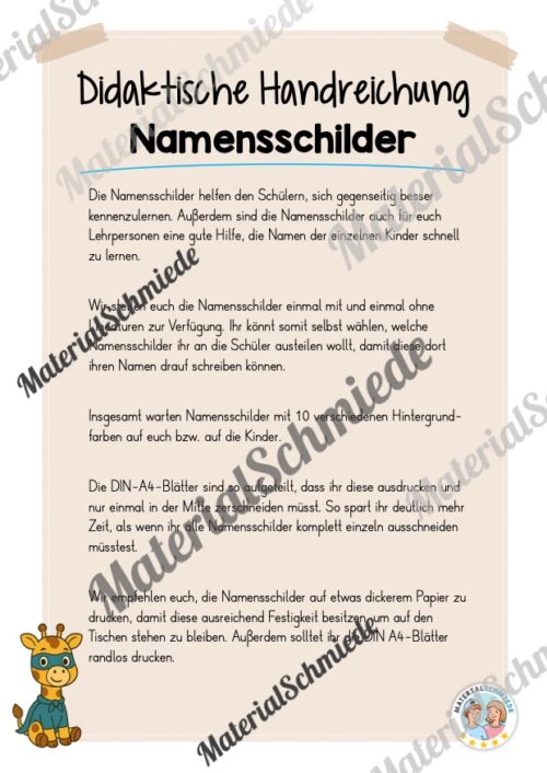20 Namensschilder für die Giraffenklasse (Arbeitsblatt 01)
