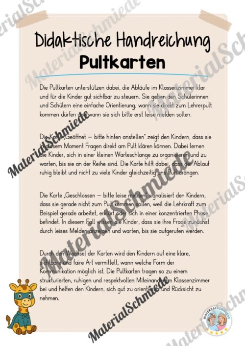 Pultkarten für die Giraffenklasse (Arbeitsblatt 01)