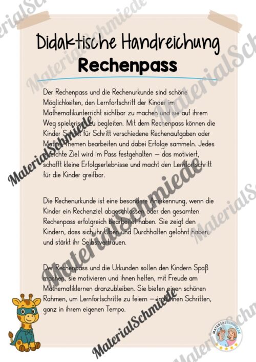 Rechenpass & Rechenurkunde für die Giraffenklasse (Arbeitsblatt 01)