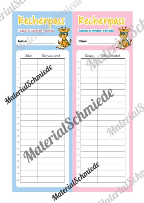 Rechenpass & Rechenurkunde für die Giraffenklasse (Arbeitsblatt 02)