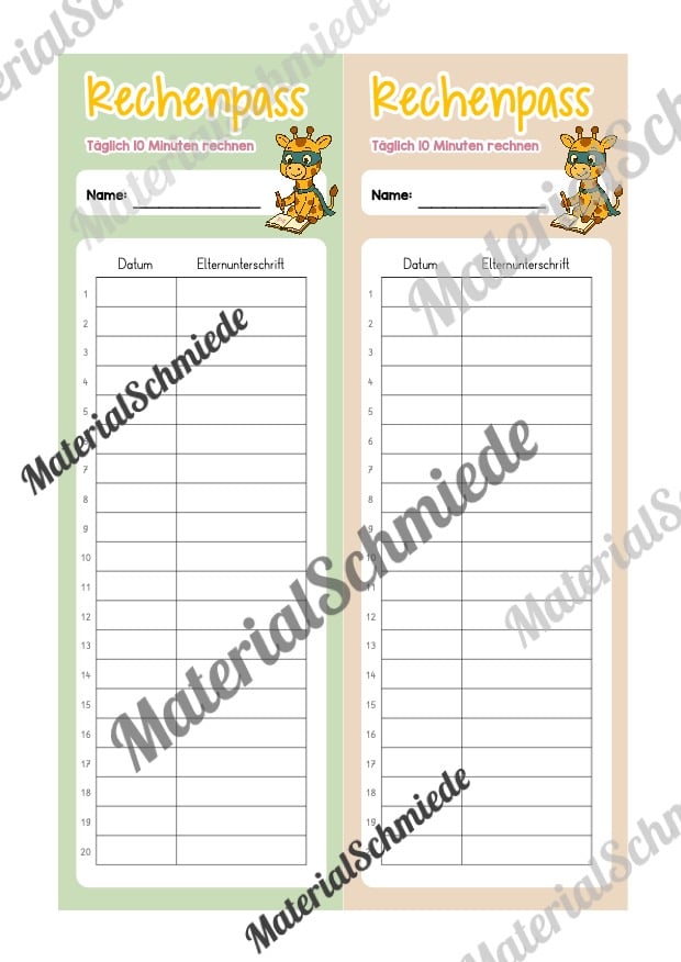 Rechenpass & Rechenurkunde für die Giraffenklasse (Arbeitsblatt 03)