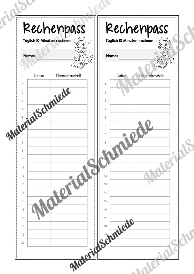 Rechenpass & Rechenurkunde für die Giraffenklasse (Arbeitsblatt 08)