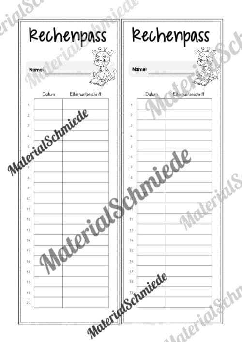 Rechenpass & Rechenurkunde für die Giraffenklasse (Arbeitsblatt 09)
