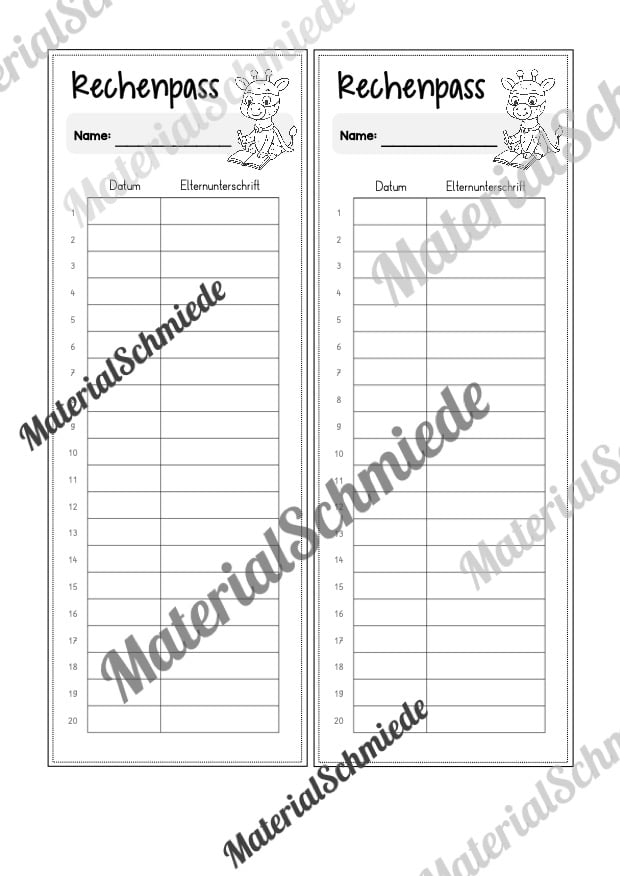 Rechenpass & Rechenurkunde für die Giraffenklasse (Arbeitsblatt 10)