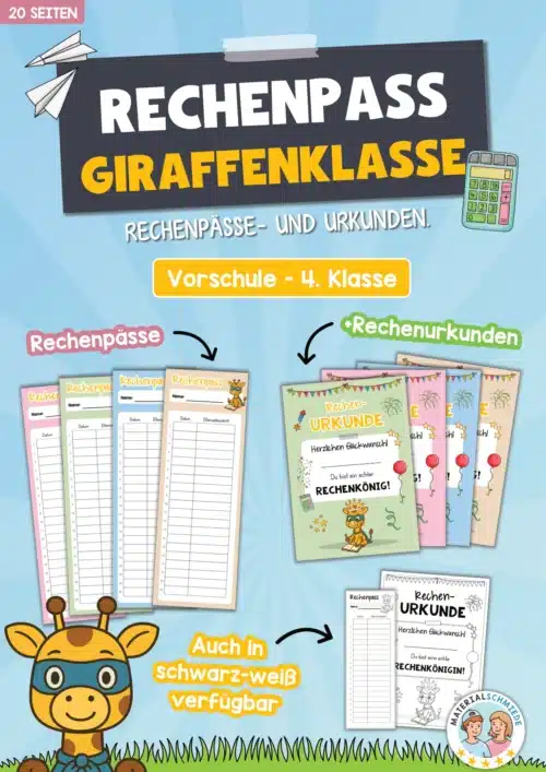 Rechenpass & Rechenurkunde für die Giraffenklasse
