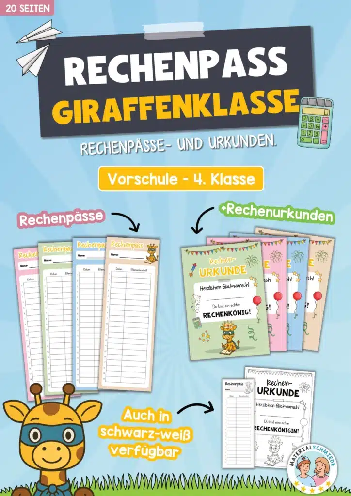 Rechenpass & Rechenurkunde für die Giraffenklasse