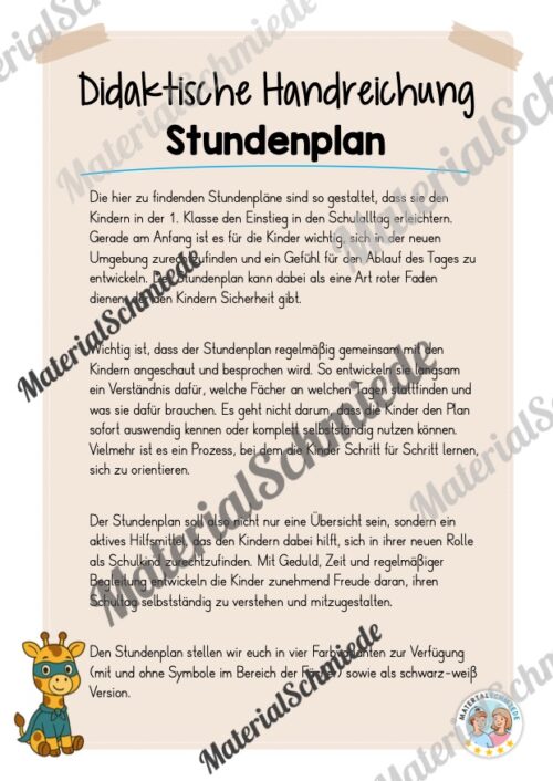 Stundenplan für die Giraffenklasse (Arbeitsblatt 01)