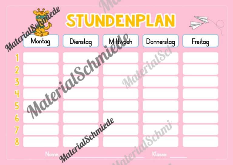 Stundenplan für die Giraffenklasse (Arbeitsblatt 07)