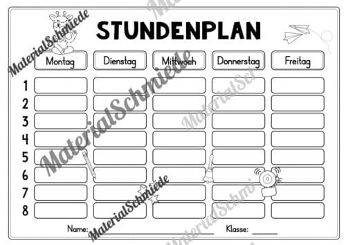 Stundenplan für die Giraffenklasse (Arbeitsblatt 10)