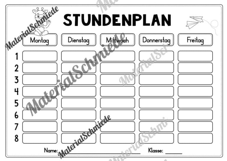 Stundenplan für die Giraffenklasse (Arbeitsblatt 11)