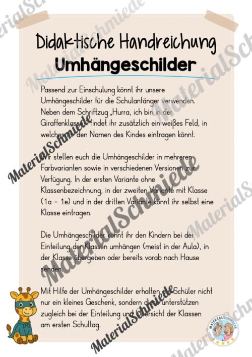Umhängeschilder zur Einschulung für die Giraffenklasse (Arbeitsblatt 01)