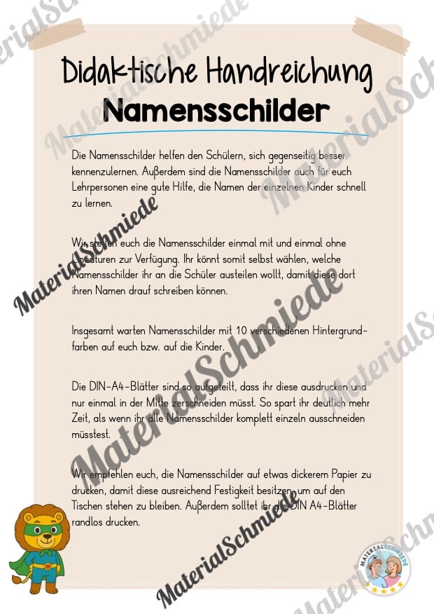 20 Namensschilder für die Löwenklasse (Arbeitsblatt 01)