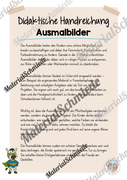 Ausmalbilder für die Zebraklasse (Arbeitsblatt 01)