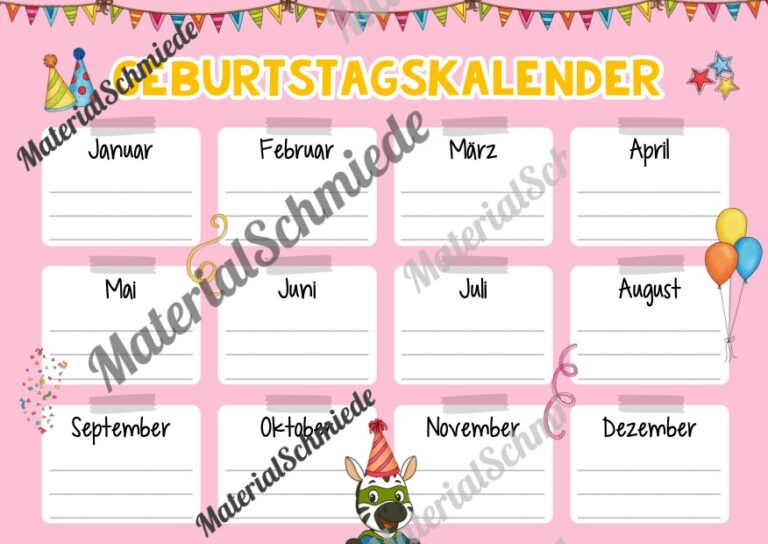 Geburtstagskalender für die Zebraklasse (Arbeitsblatt 03)