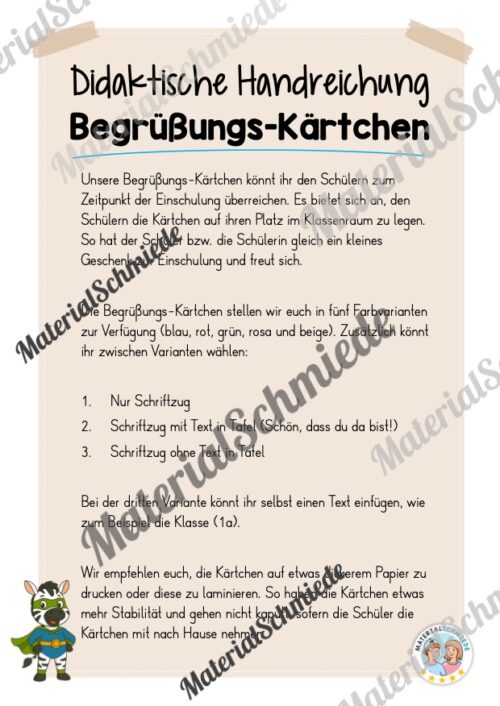 Begrüßungs-Kärtchen für die Zebraklasse (Arbeitsblatt 01)
