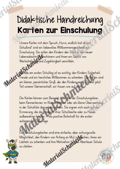 Karten zur Einschulung für die Zebraklasse (Arbeitsblatt 01)