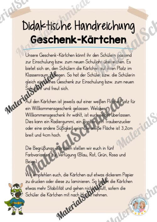 Geschenk-Kärtchen für die Zebraklasse (Arbeitsblatt 01)
