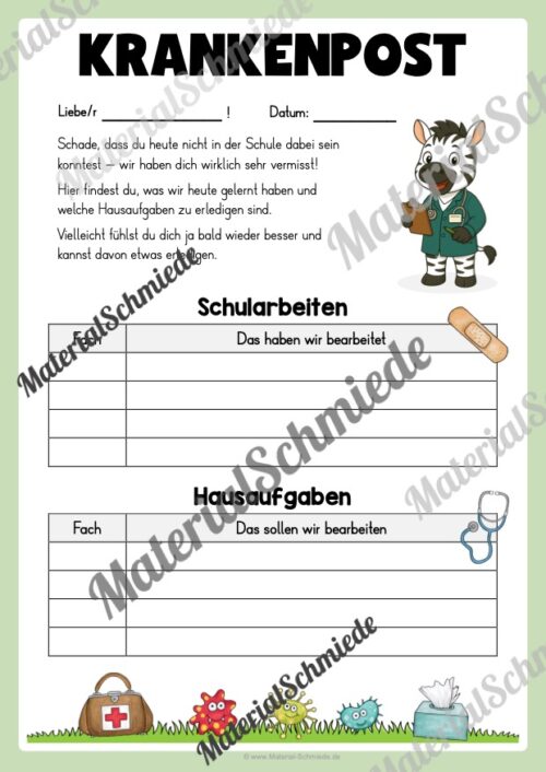 Krankenmappe für die Zebraklasse (Arbeitsblatt 12)