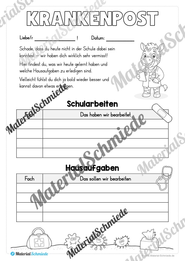 Krankenmappe für die Zebraklasse (Arbeitsblatt 13)