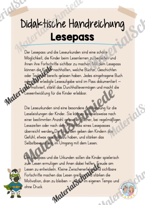 Lesepass & Leseurkunde für die Zebraklasse (Arbeitsblatt 01)