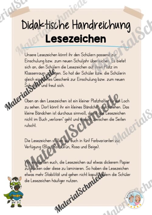 Lesezeichen für die Zebraklasse (Arbeitsblatt 01)