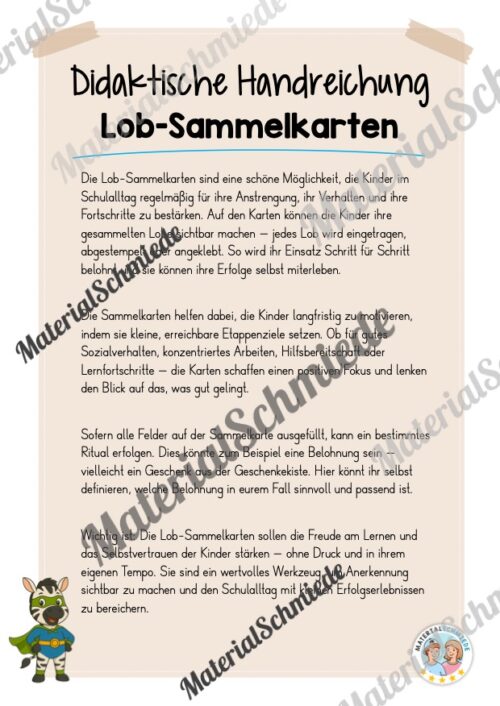 Lob-Sammelkarten für die Zebraklasse (Arbeitsblatt 01)