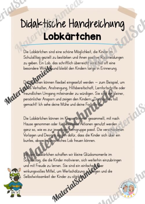 Lobkärtchen für die Zebraklasse (Arbeitsblatt 01)
