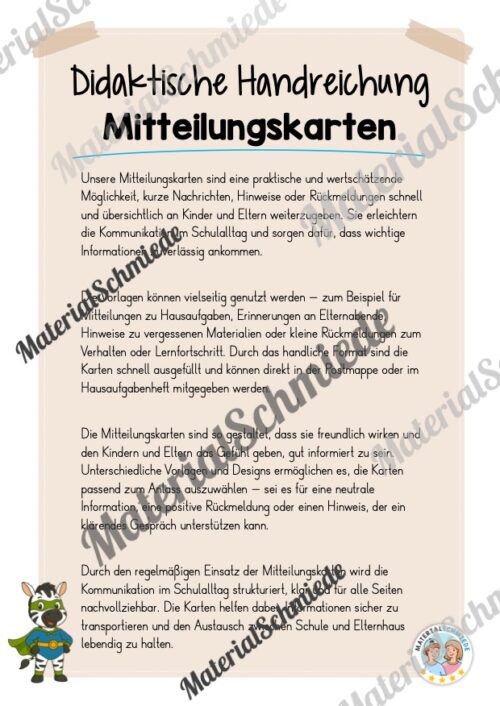 Mitteilungskarten für die Zebraklasse (Arbeitsblatt 01)
