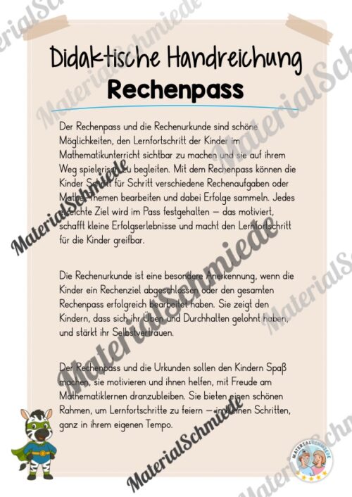 Rechenpass & Rechenurkunde für die Zebraklasse (Arbeitsblatt 01)