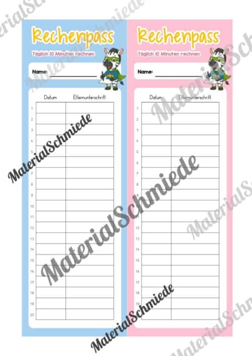 Rechenpass & Rechenurkunde für die Zebraklasse (Arbeitsblatt 02)