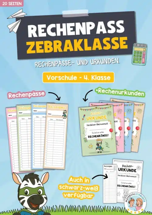 Rechenpass & Rechenurkunde für die Zebraklasse