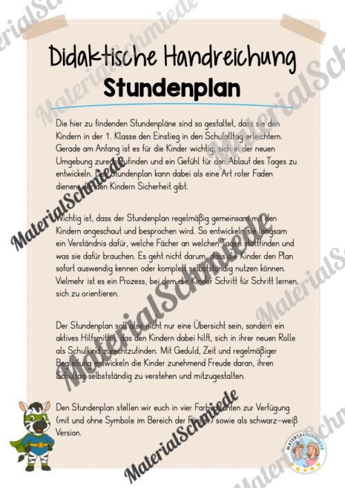 Stundenplan für die Zebraklasse (Arbeitsblatt 01)