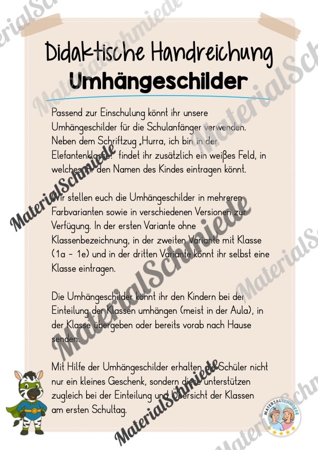 Umhängeschilder zur Einschulung (Zebraklasse) – Arbeitsblatt 01