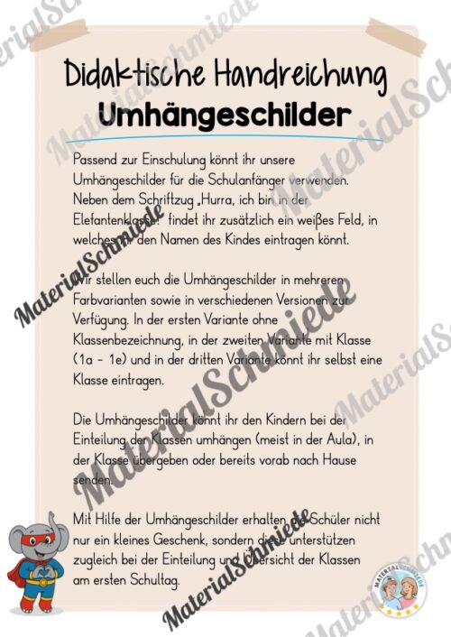 Umhängeschilder zur Einschulung (Elefantenklasse) - Arbeitsblatt 01