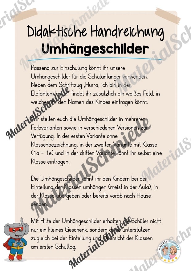 Umhängeschilder zur Einschulung (Elefantenklasse) – Arbeitsblatt 01
