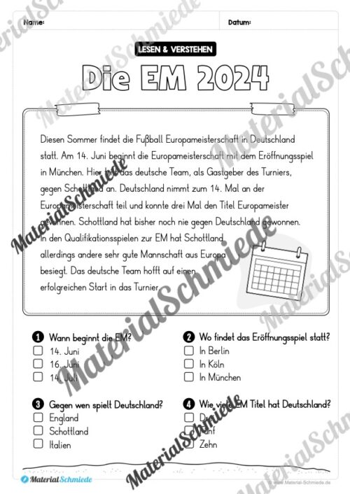 Lesen & Verstehen (Ankreuzen): Fußball EM 2024 - Vorschau 01