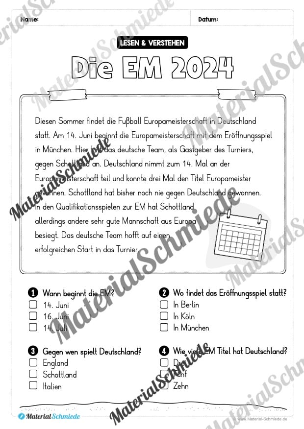 Lesen & Verstehen (Ankreuzen): Fußball EM 2024 – Vorschau 01