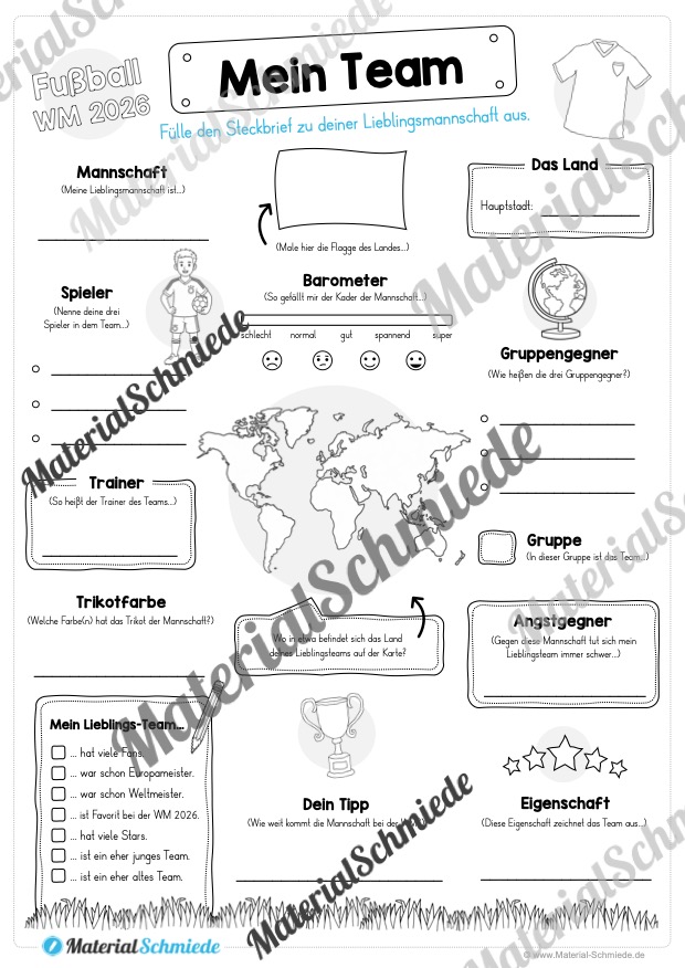 Fußball WM 2026: Mein Lieblingsteam (Steckbrief 2. - 4. Klasse) - Steckbrief