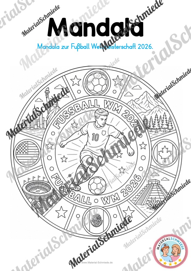 Fußball WM 2026: Mandalas zum Ausmalen (Arbeitsblatt 01)