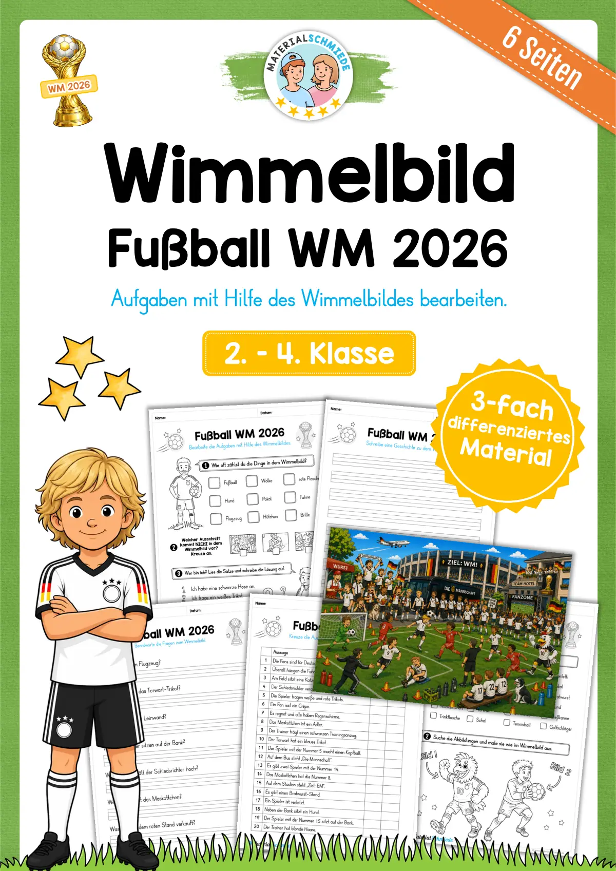 Fußball WM 2026: Wimmelbild mit Aufgaben (2. - 4. Klasse)