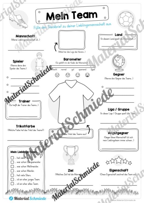 Steckbrief Fußball: Meine Lieblingsmannschaft (Arbeitsblatt 01)