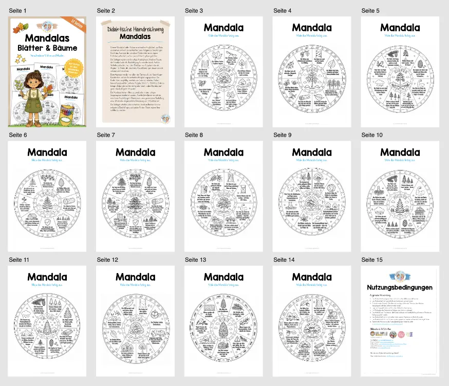 12 Mandalas zu Blättern & Bäumen (mit Informationen zum Ausmalen) - Überblick