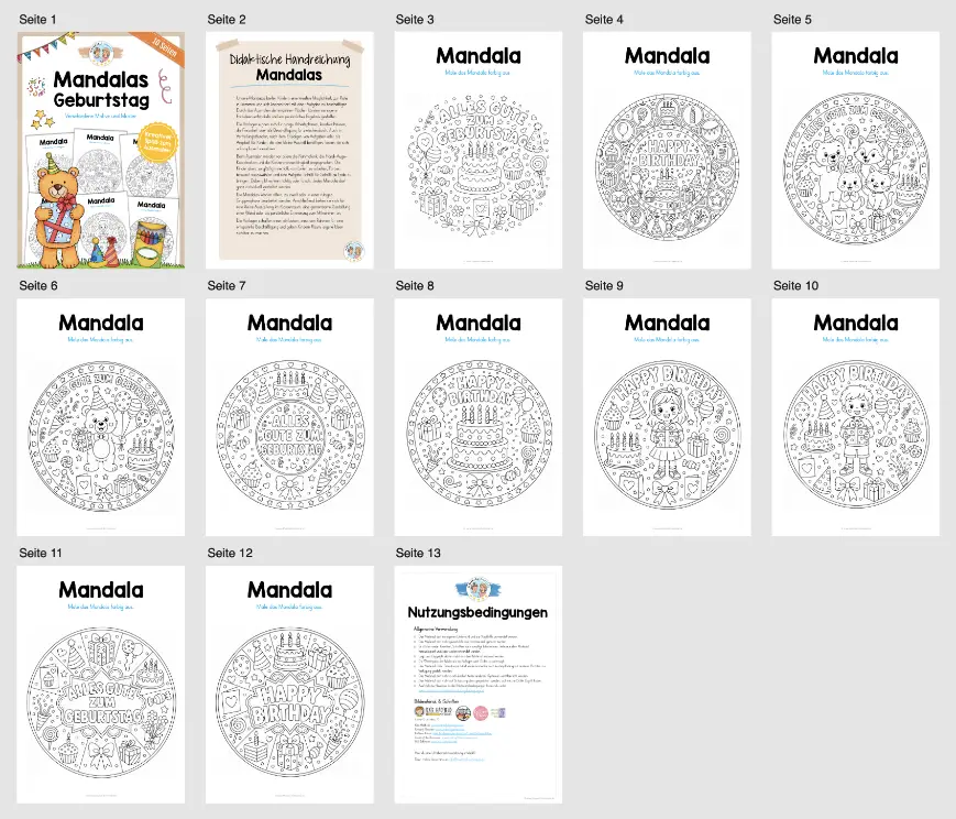 10 Mandalas zum Thema Geburtstag (zum Ausmalen) - Überblick